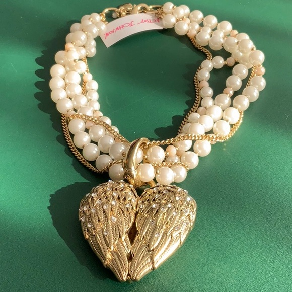 Betsey Johnson Jewelry - BETSEY JOHNSON Multi-Strand Pearl Necklace Wings Mirror Heart Compact Pendant